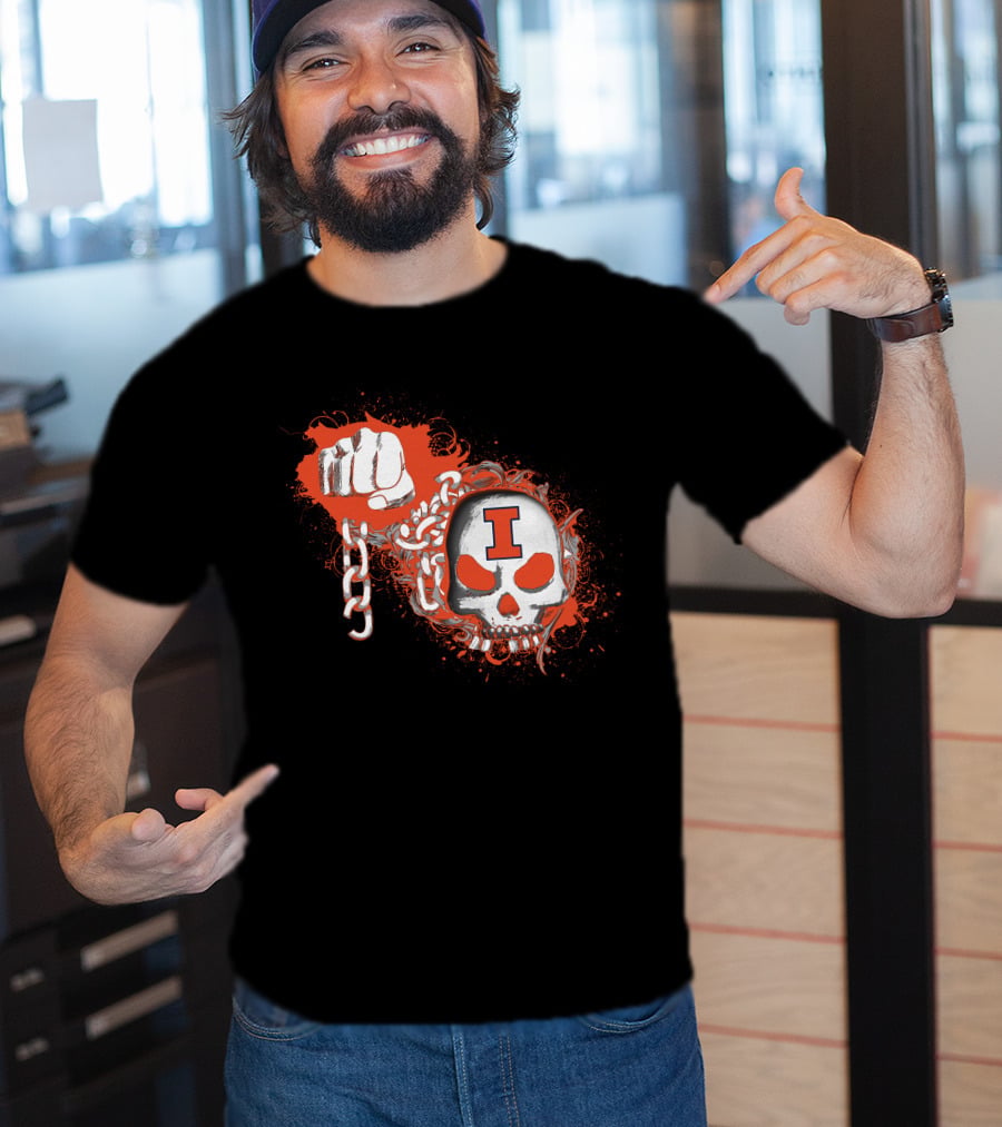 Illinois Fighting Illini Skull And Fist Design With Orange I T-Shirt