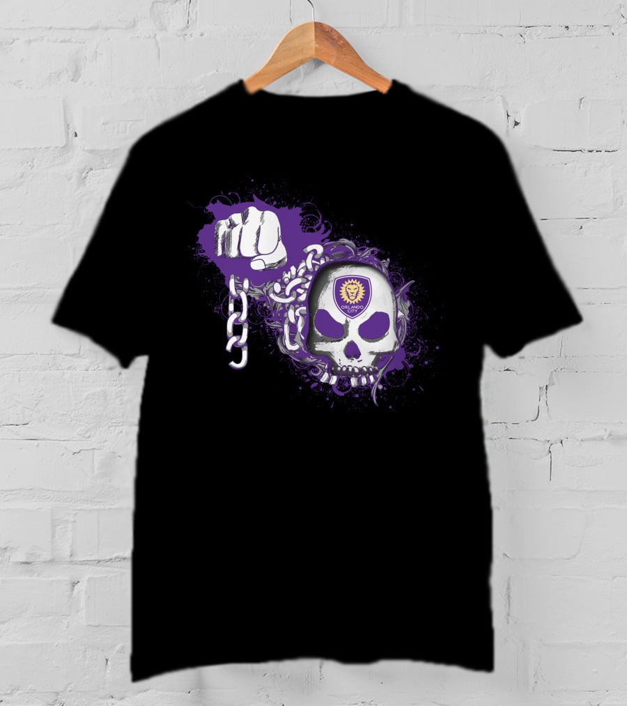 Orlando City Sc Skull Emblem With Purple Fist And Chains T-Shirt