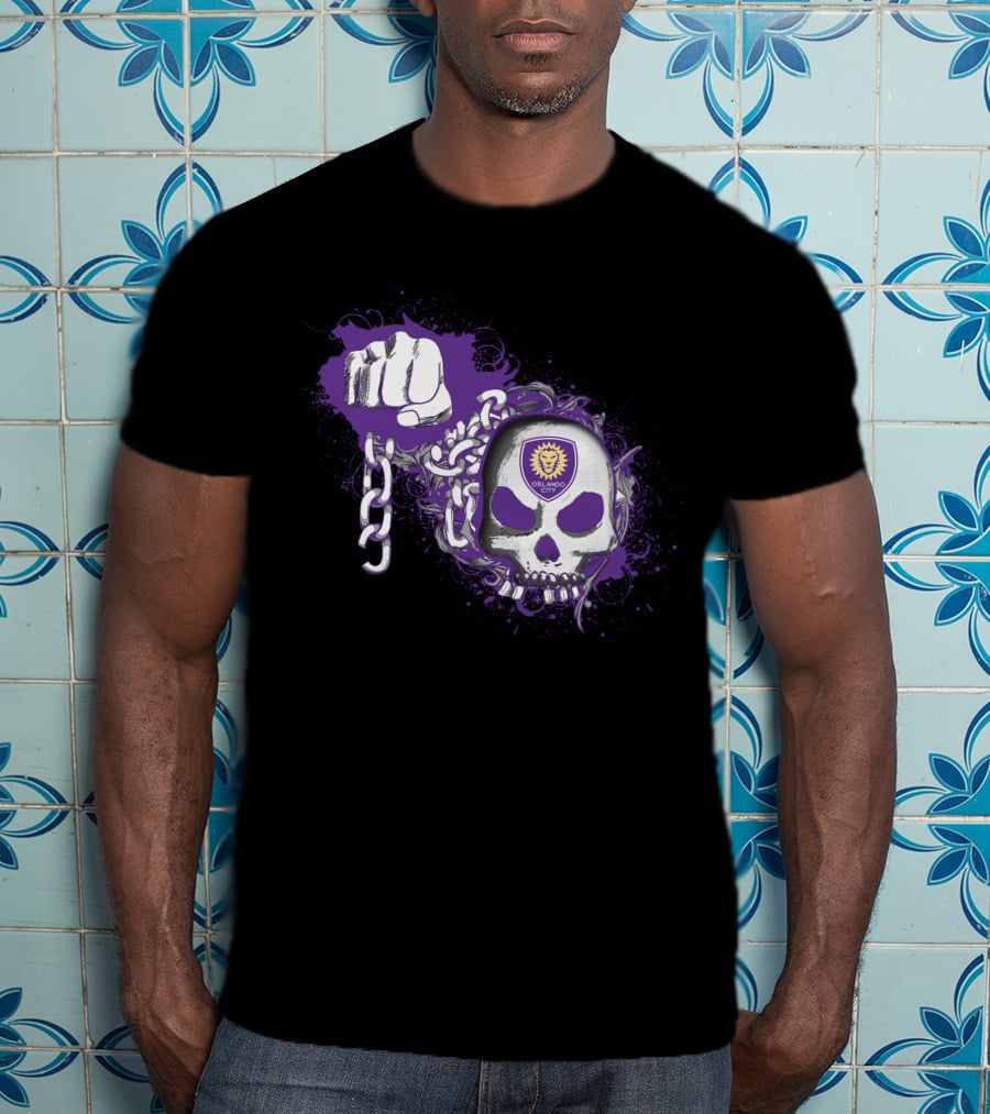 Orlando City Sc Skull Emblem With Purple Fist And Chains T-Shirt