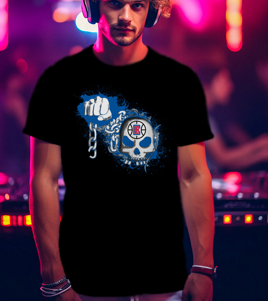 La Clippers Skull With Fist And Chains On Blue Splash T-Shirt