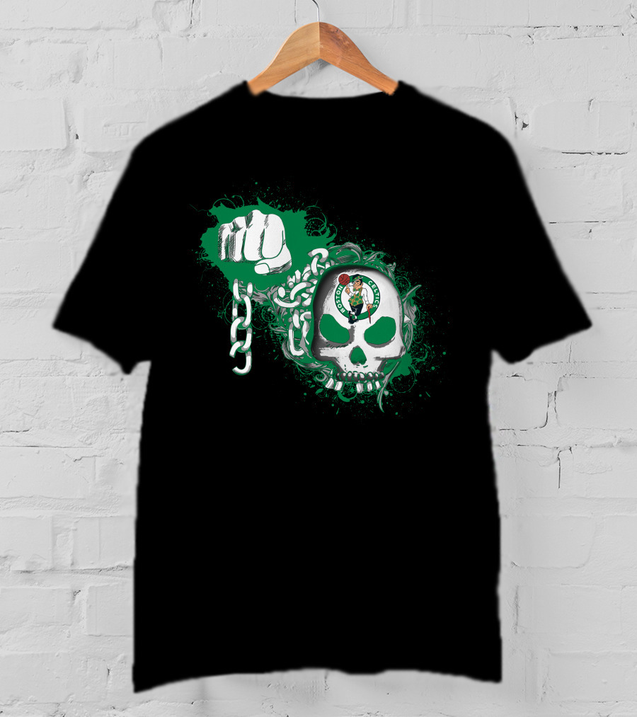Boston Celtics Skull With Fist And Chain Motif T-Shirt