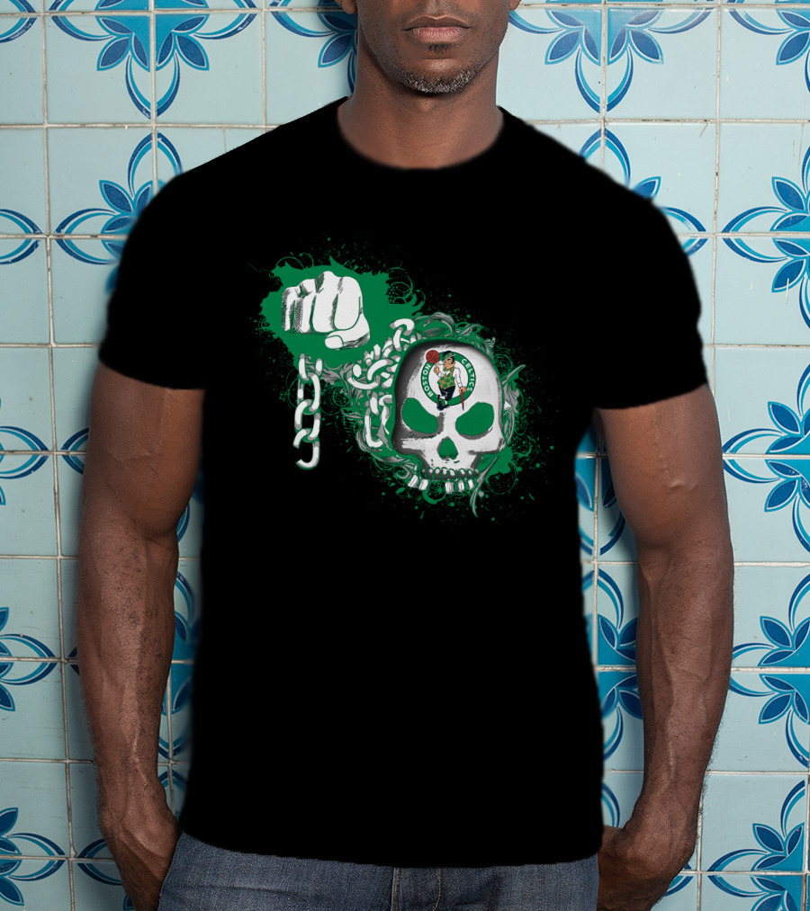 Boston Celtics Skull With Fist And Chain Motif T-Shirt