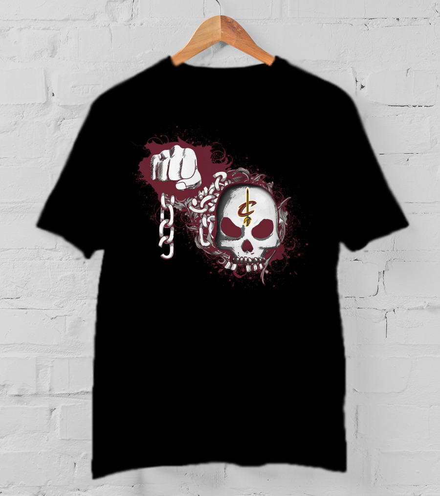 Cleveland Cavaliers Skull With Chains And Fist On Dark T-Shirt