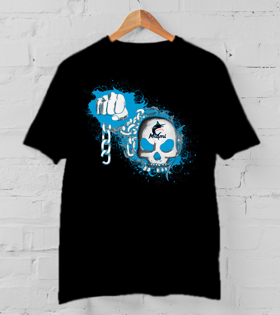 Miami Marlins Skull And Fist With Chain T-Shirt