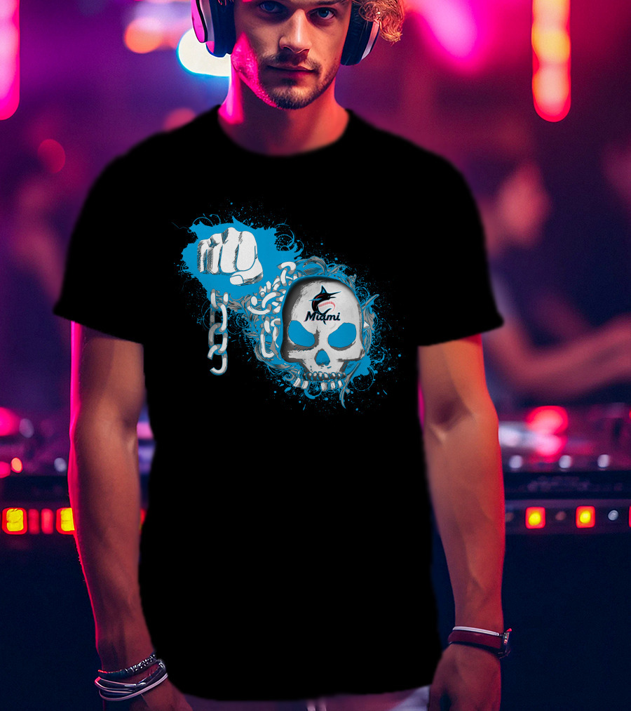 Miami Marlins Skull And Fist With Chain T-Shirt