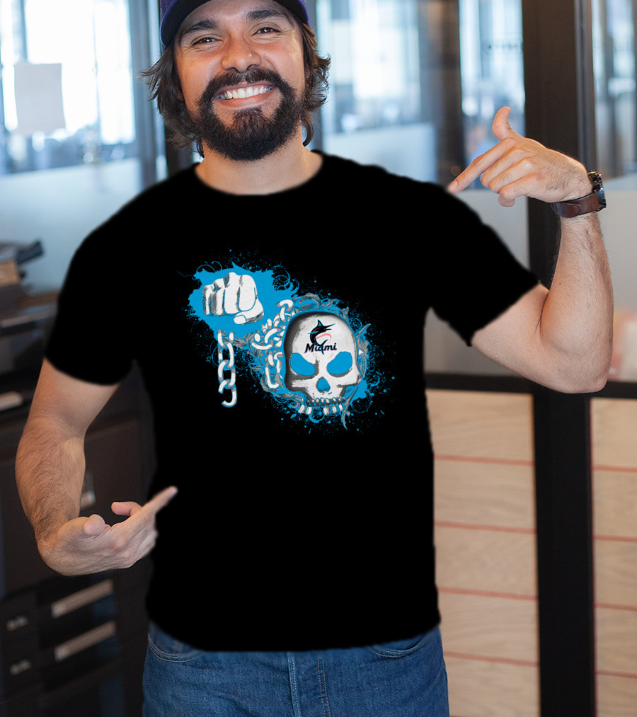 Miami Marlins Skull And Fist With Chain T-Shirt
