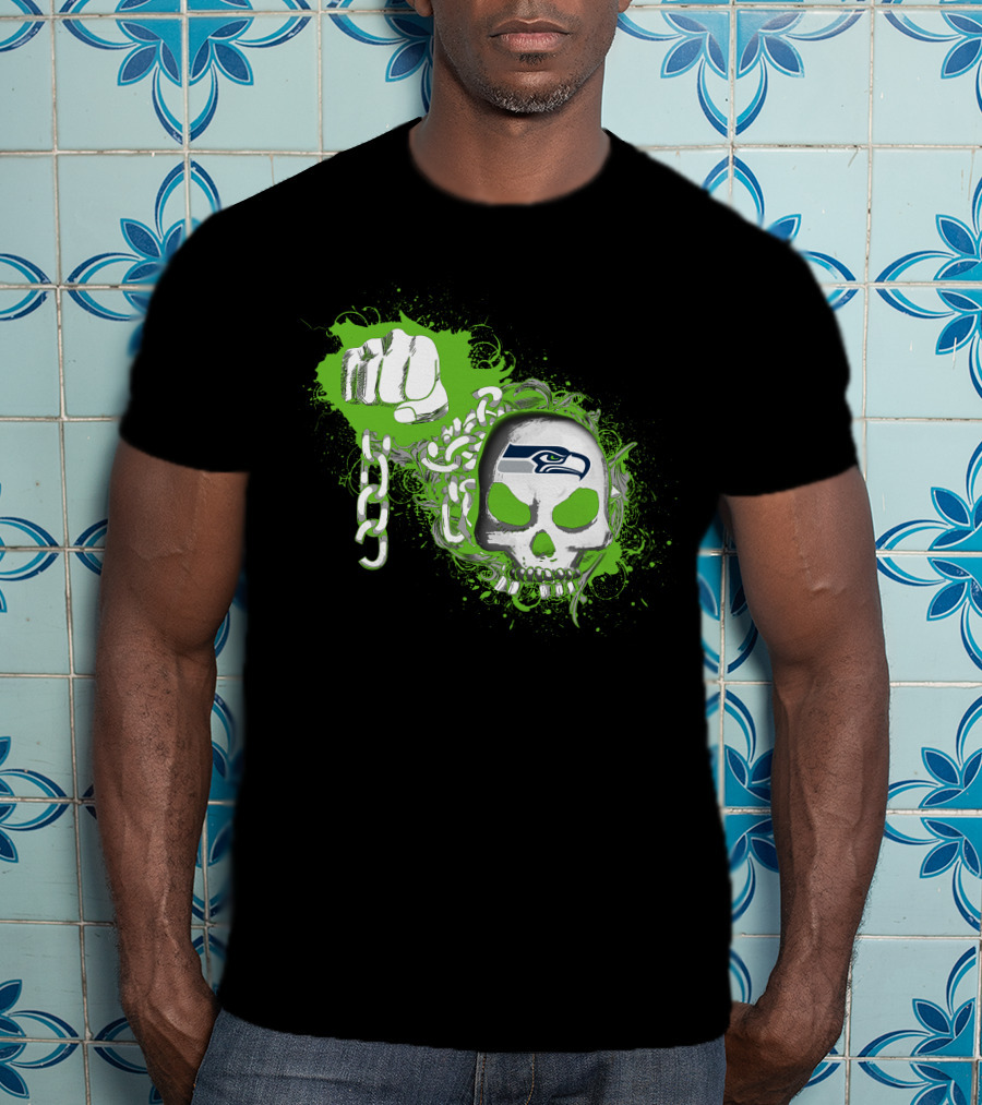 Seattle Seahawks Skull With Green Splatter And Chain Fist T-Shirt