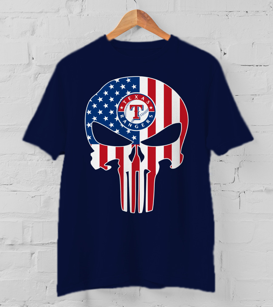 Texas Rangers Punisher Skull American Flag T-Shirt