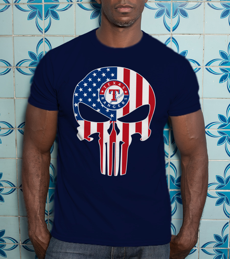 Texas Rangers Punisher Skull American Flag T-Shirt