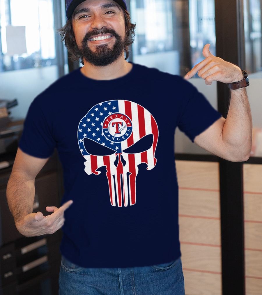 Texas Rangers Punisher Skull American Flag T-Shirt
