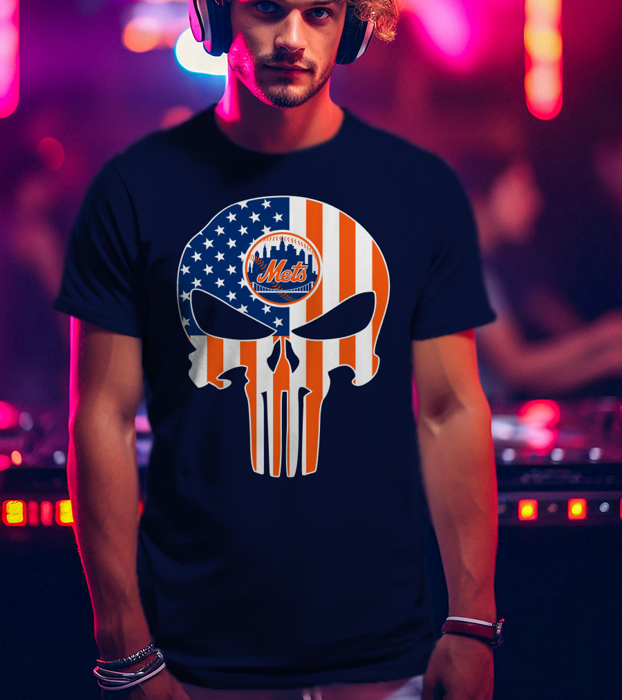 New York Mets Punisher Skull American Flag T-Shirt