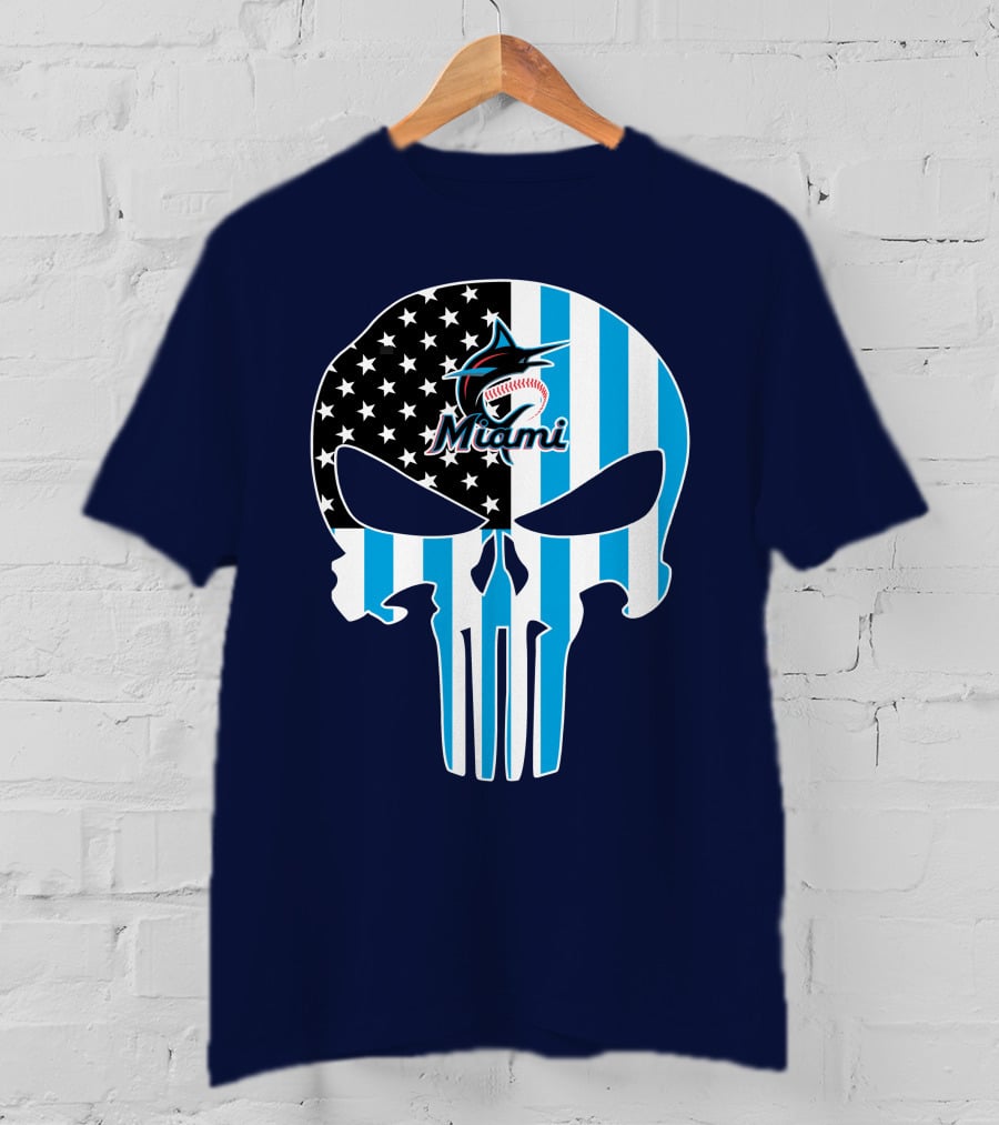 Miami Marlins Punisher Skull American Flag Fusion T-Shirt
