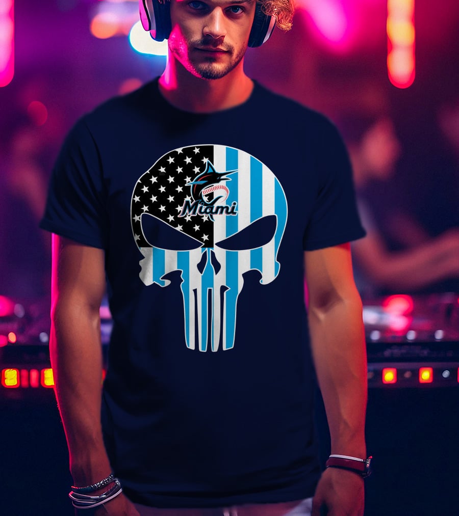 Miami Marlins Punisher Skull American Flag Fusion T-Shirt