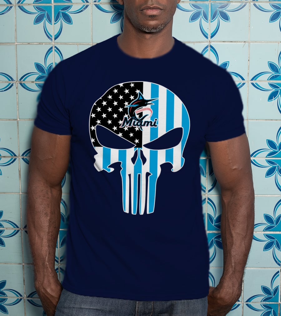 Miami Marlins Punisher Skull American Flag Fusion T-Shirt