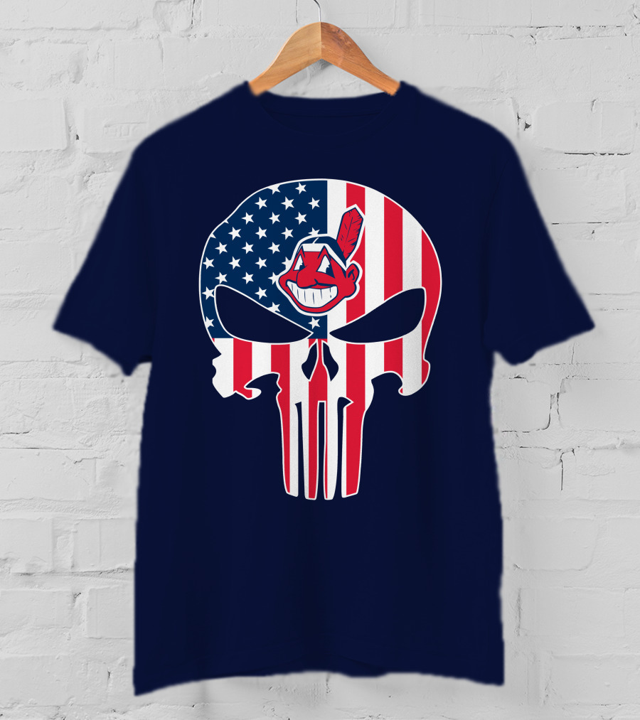 Indians The Punisher Skull American Flag Red White Blue T-Shirt
