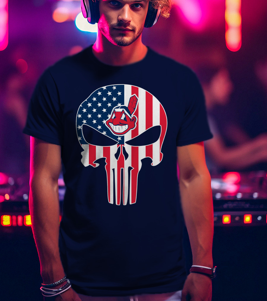 Indians The Punisher Skull American Flag Red White Blue T-Shirt