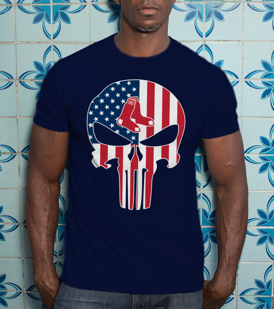 Boston Red Sox Skull American Flag Socks Crossover T-Shirt