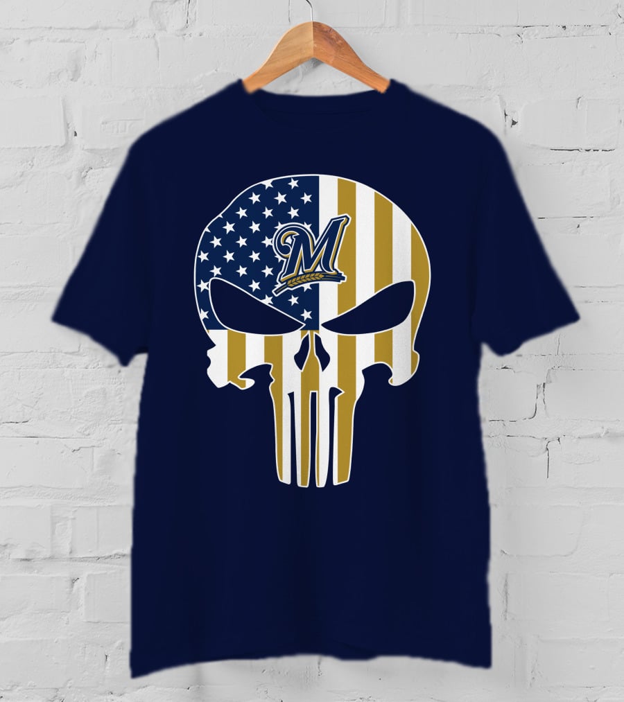 Milwaukee Brewers Punisher Skull American Flag T-Shirt
