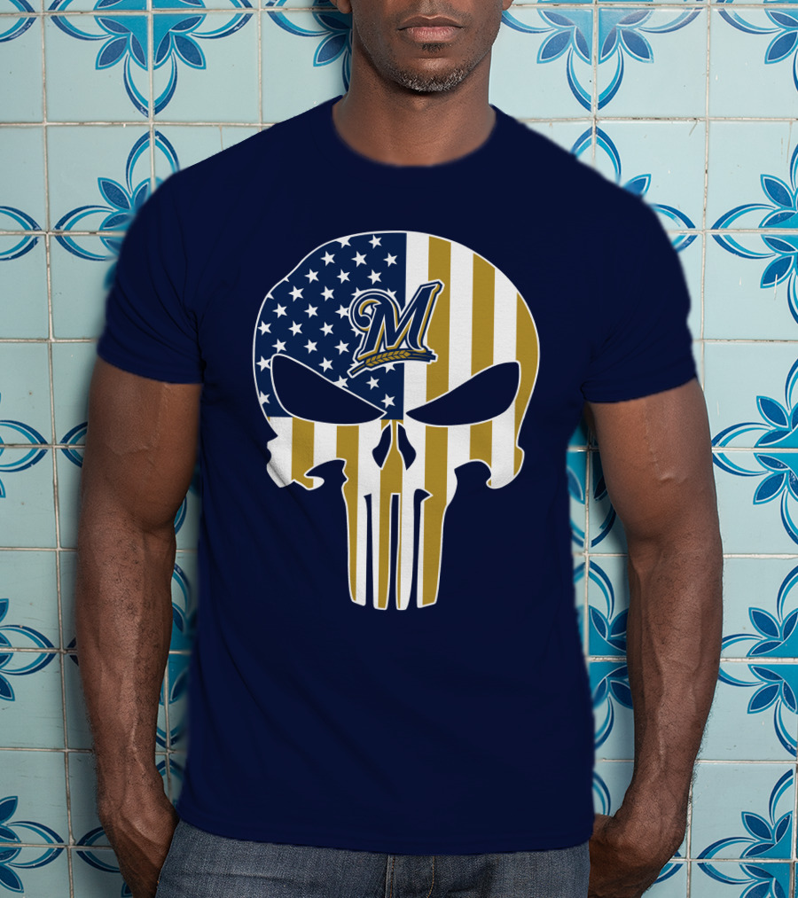Milwaukee Brewers Punisher Skull American Flag T-Shirt