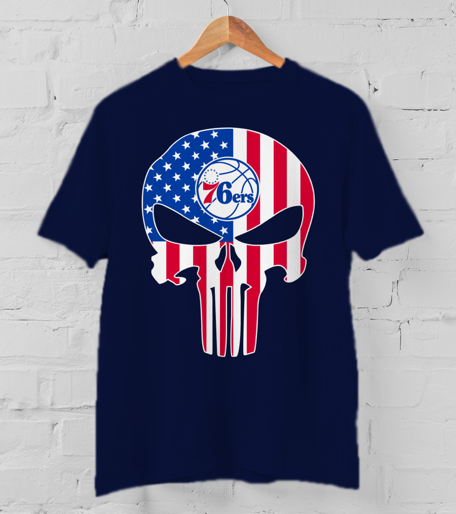 Philadelphia 76ers American Flag Punisher Style Skull T-Shirt