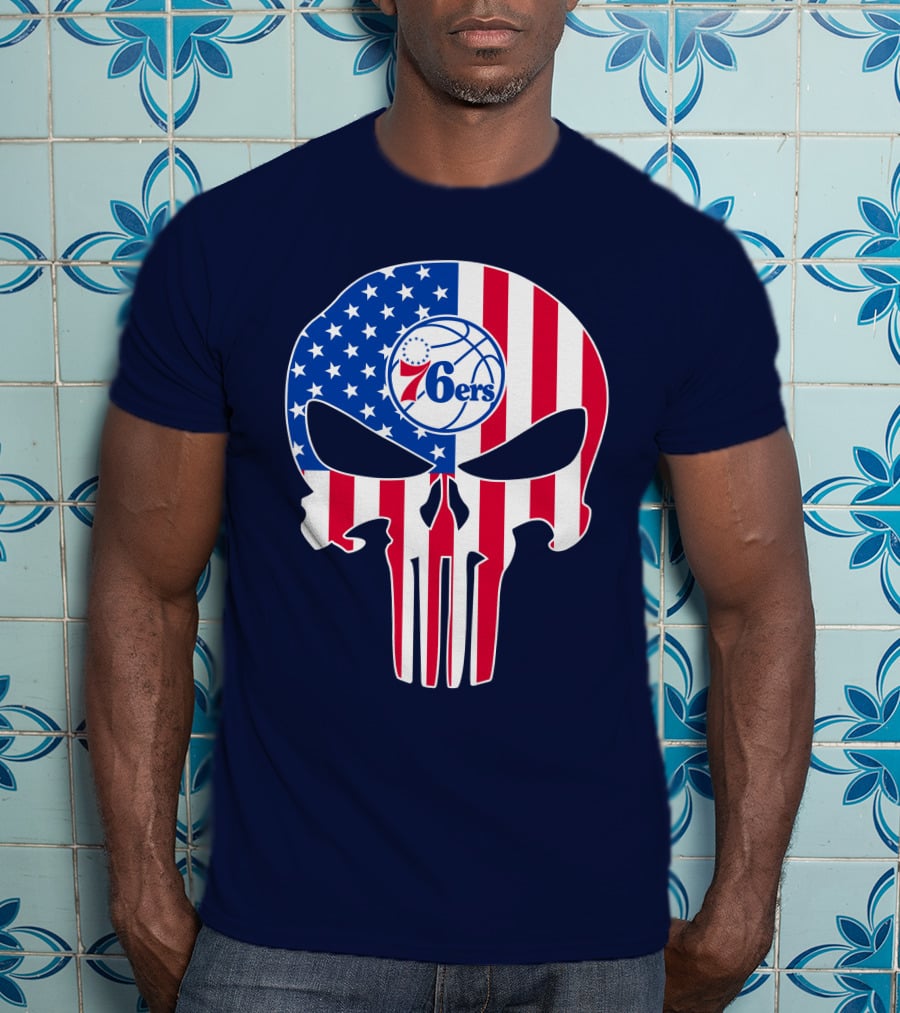 Philadelphia 76ers American Flag Punisher Style Skull T-Shirt