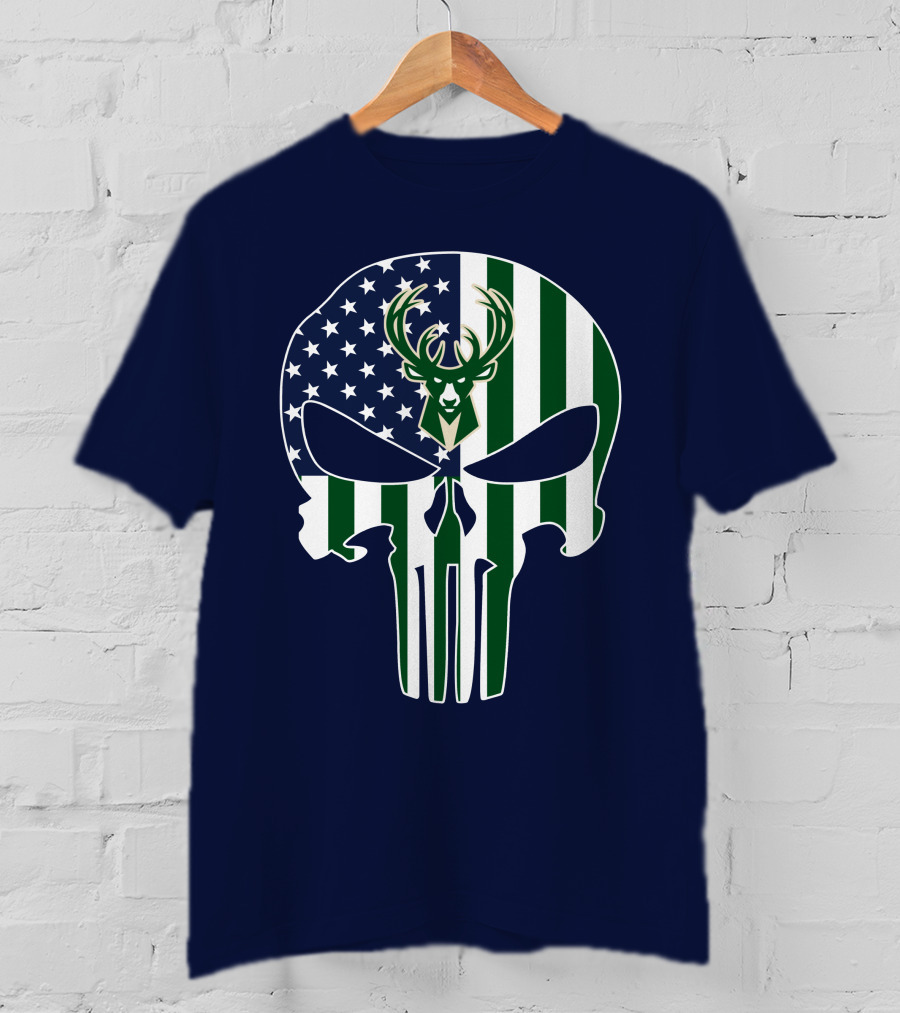 Milwaukee Bucks Punisher Skull American Flag Deer T-Shirt