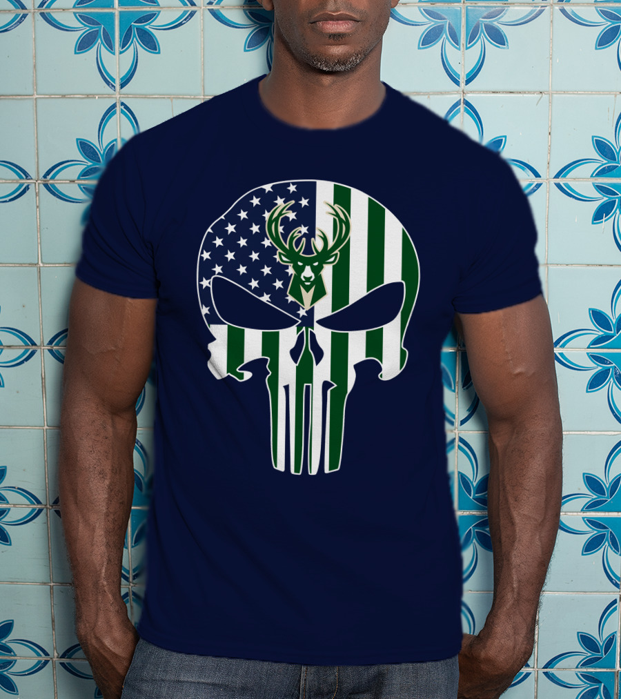 Milwaukee Bucks Punisher Skull American Flag Deer T-Shirt