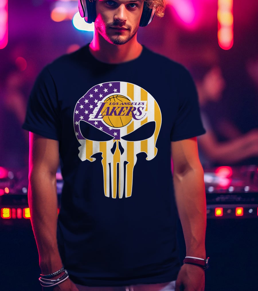 Los Angeles Lakers Skull Punisher American Flag T-Shirt