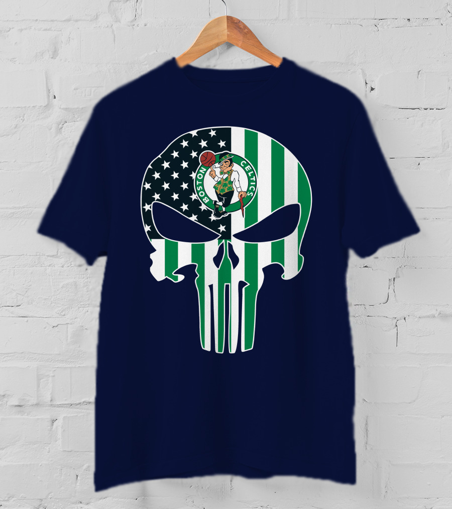 Boston Celtics Punisher Logo American Flag Skull T-Shirt