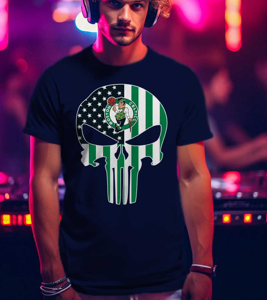 Boston Celtics Punisher Logo American Flag Skull T-Shirt