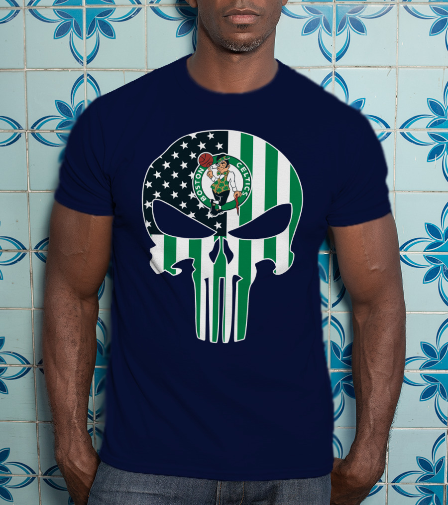 Boston Celtics Punisher Logo American Flag Skull T-Shirt