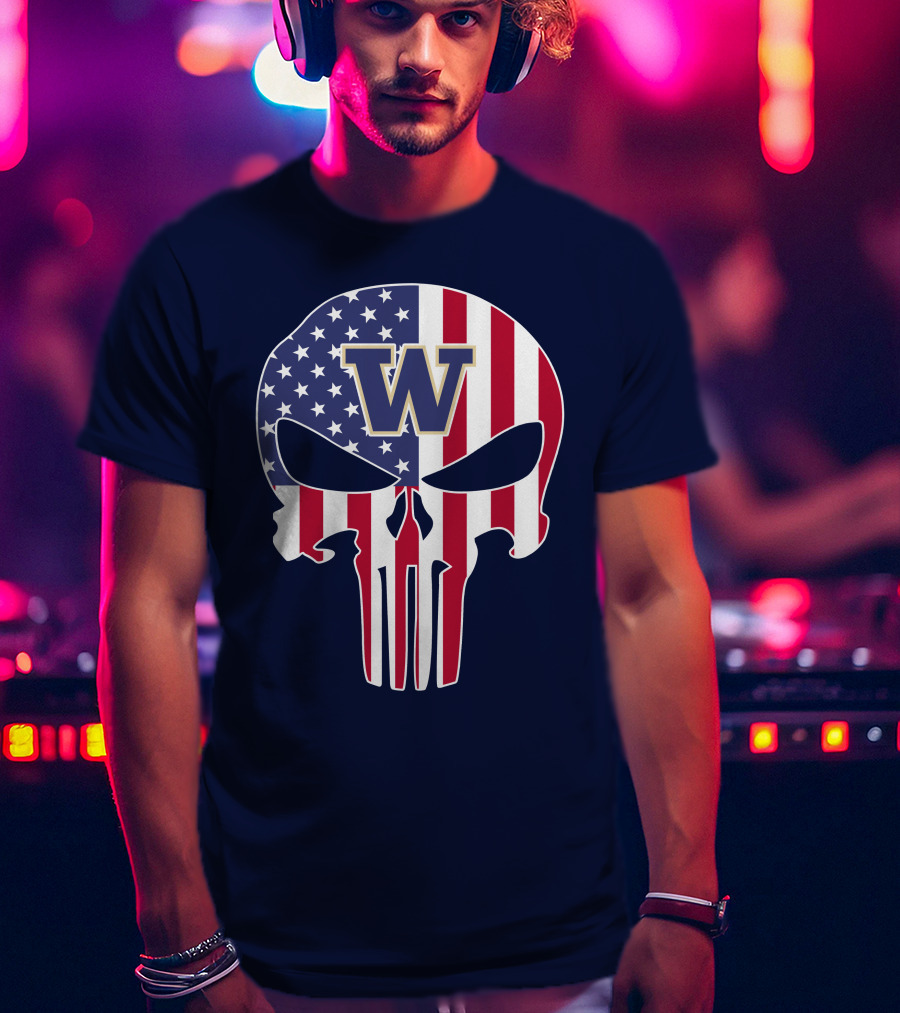 Washington Huskies The Punisher American Flag Skull W T-Shirt