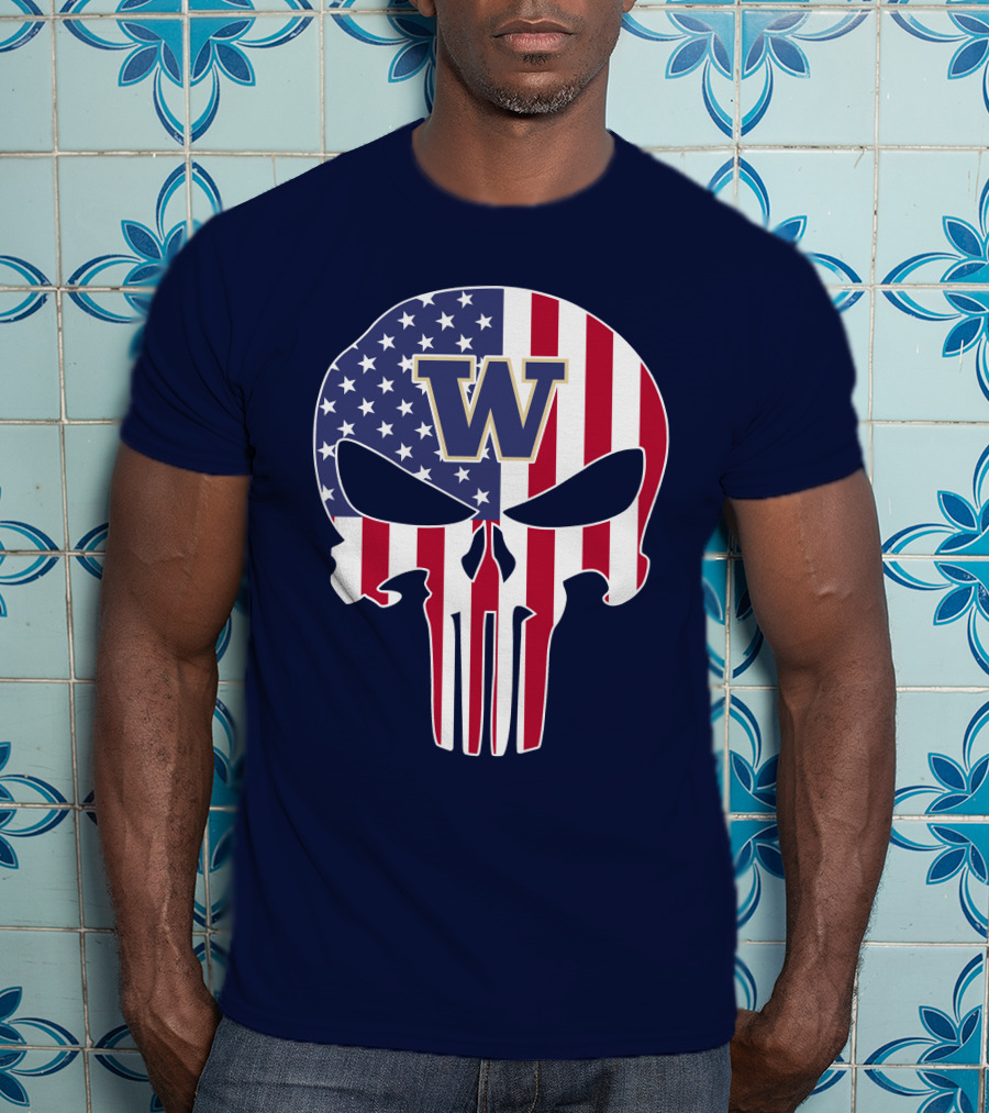 Washington Huskies The Punisher American Flag Skull W T-Shirt