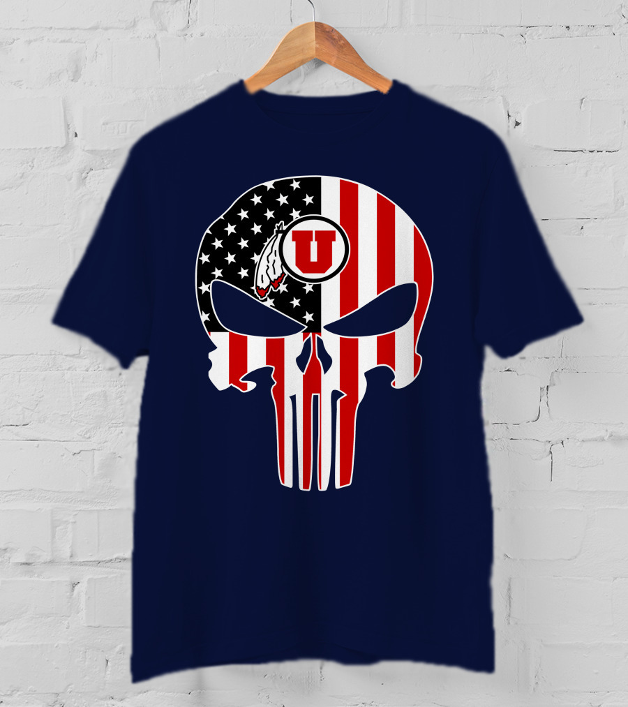 Utah Utes U Logo Punisher Skull American Flag T-Shirt