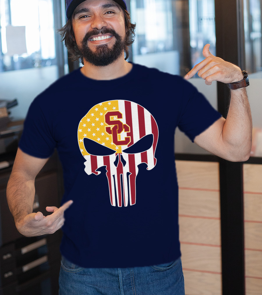 Usc Trojans Skull Punisher American Flag T-Shirt