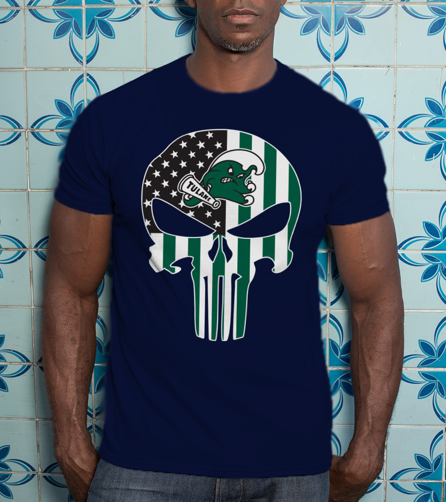 Tulane Green Wave 16 Punisher Flag Skull T-Shirt