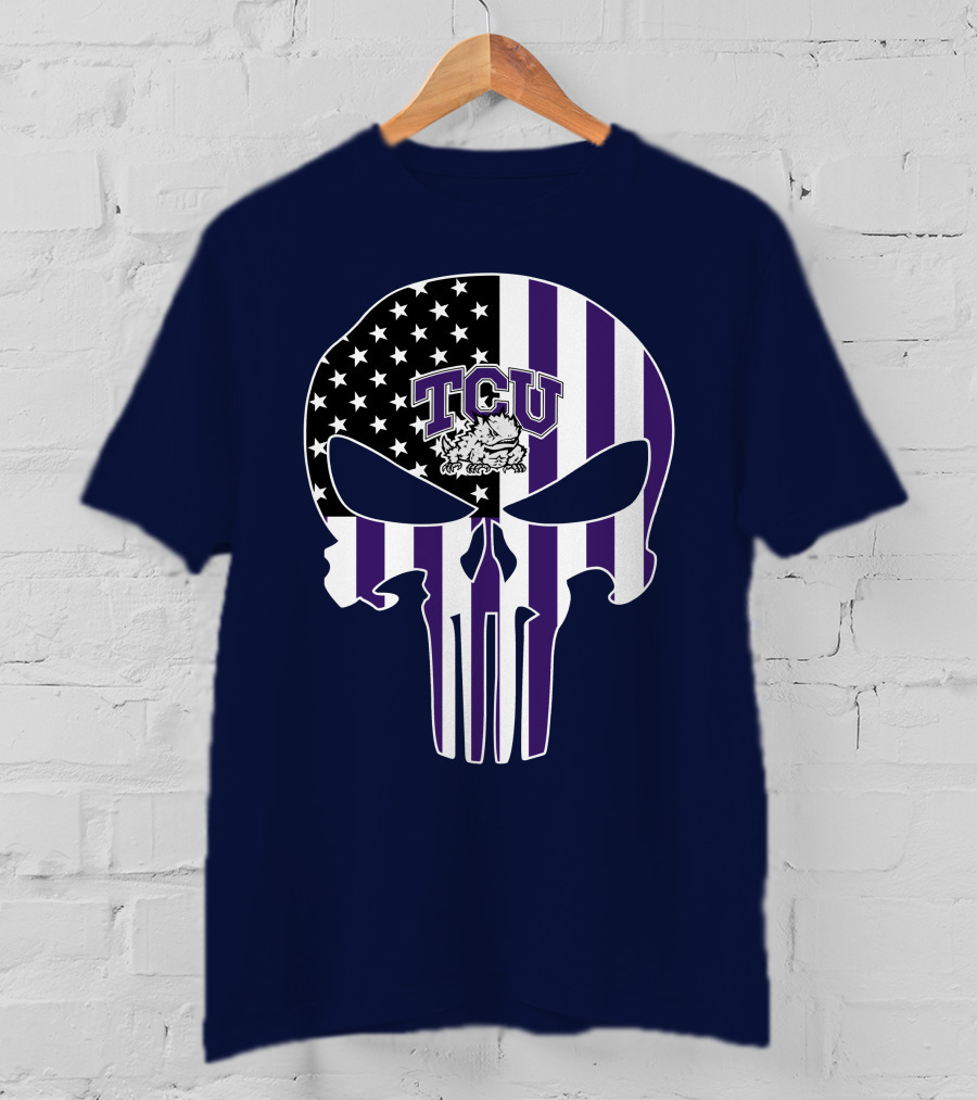 Tcu Horned Frogs Logo With American Flag Punisher Skull T-Shirt