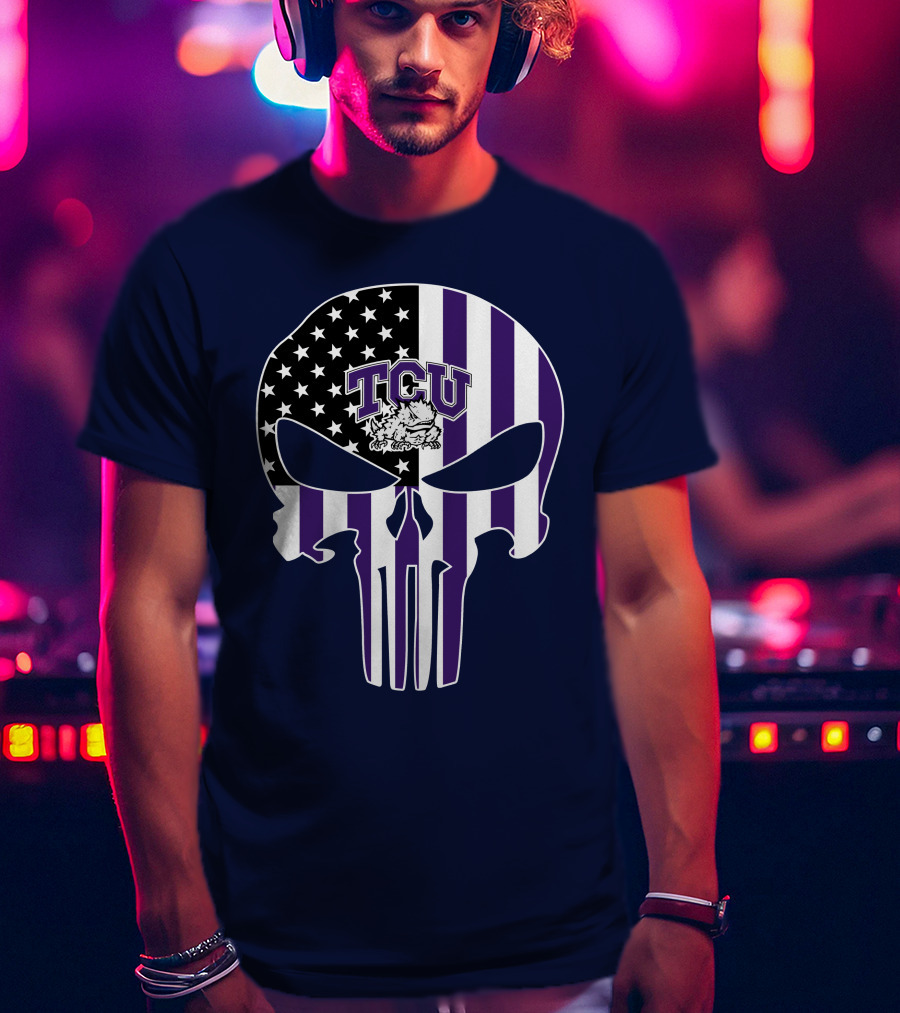 Tcu Horned Frogs Logo With American Flag Punisher Skull T-Shirt