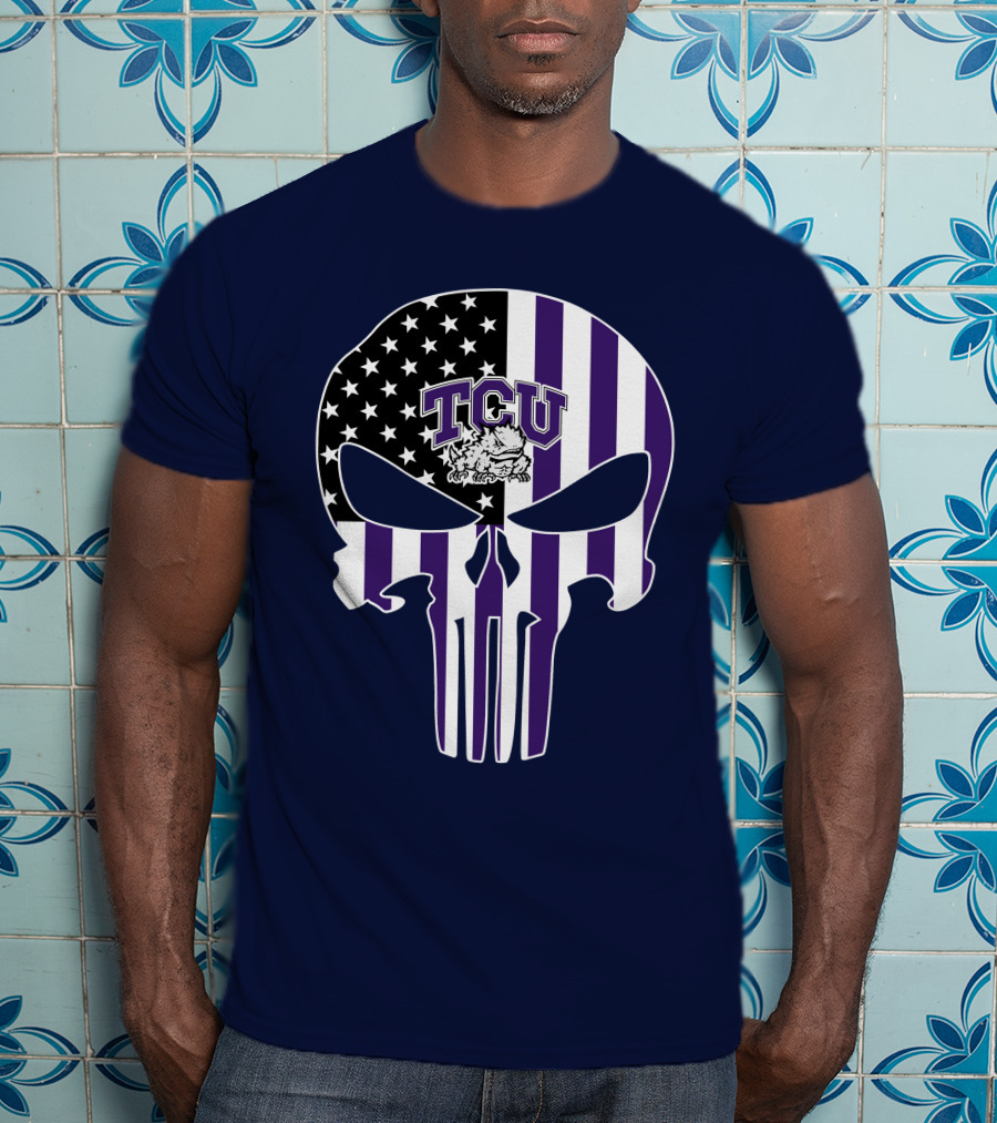 Tcu Horned Frogs Logo With American Flag Punisher Skull T-Shirt