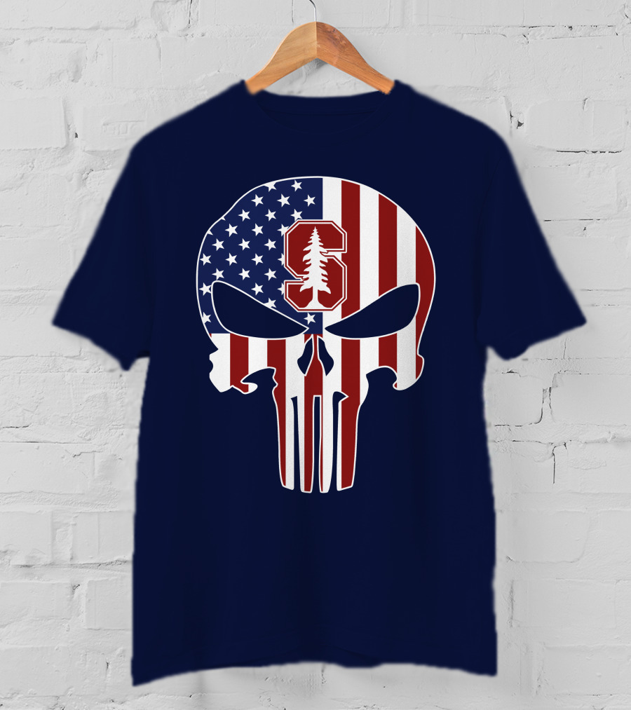 Stanford Cardinal Punisher Skull American Flag T-Shirt