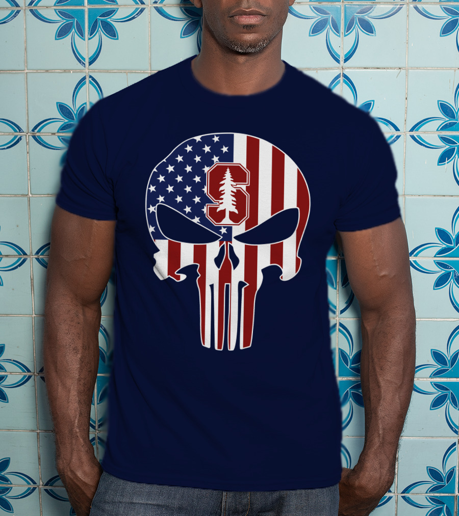 Stanford Cardinal Punisher Skull American Flag T-Shirt