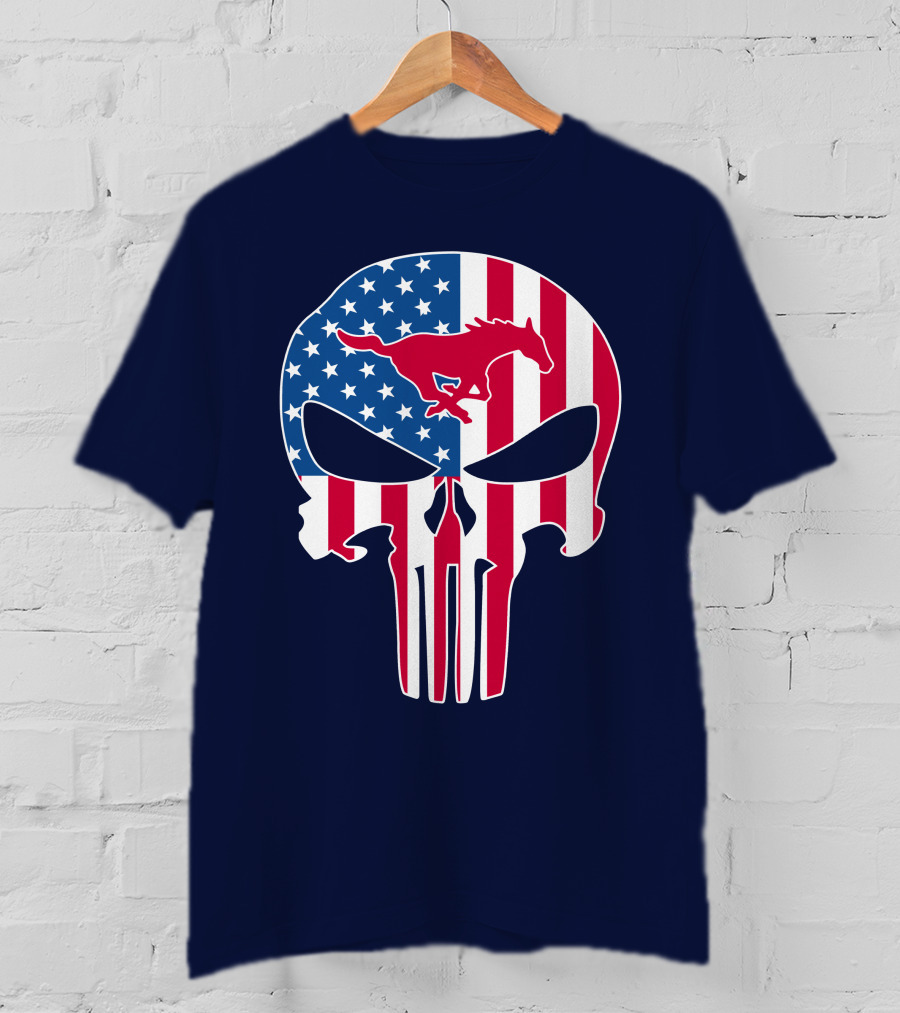 Smu Mustangs The Punisher American Flag Skull Iconic Symbol T-Shirt