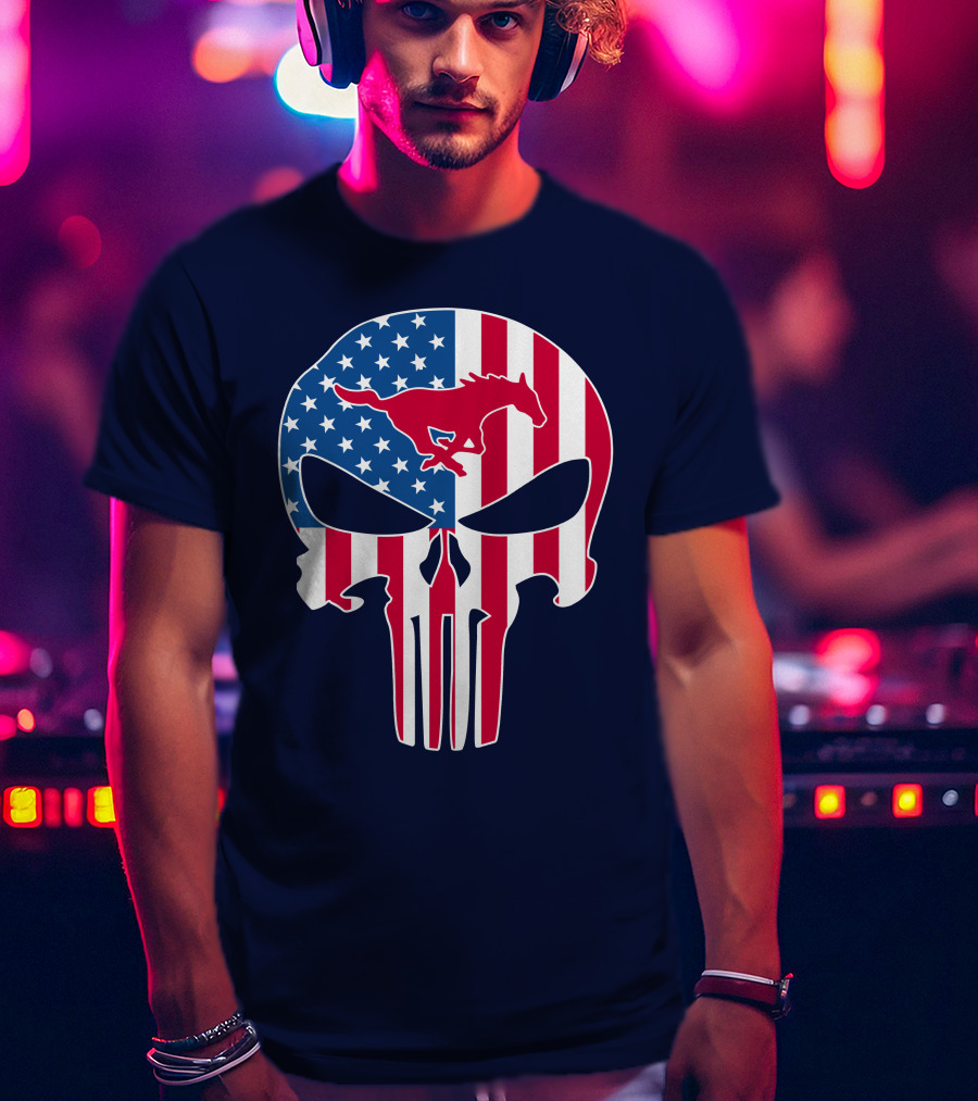 Smu Mustangs The Punisher American Flag Skull Iconic Symbol T-Shirt