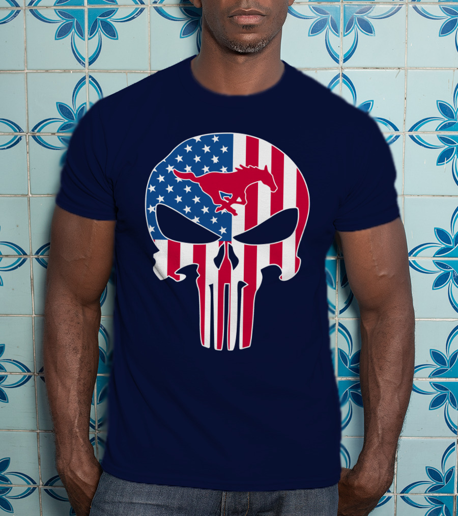 Smu Mustangs The Punisher American Flag Skull Iconic Symbol T-Shirt
