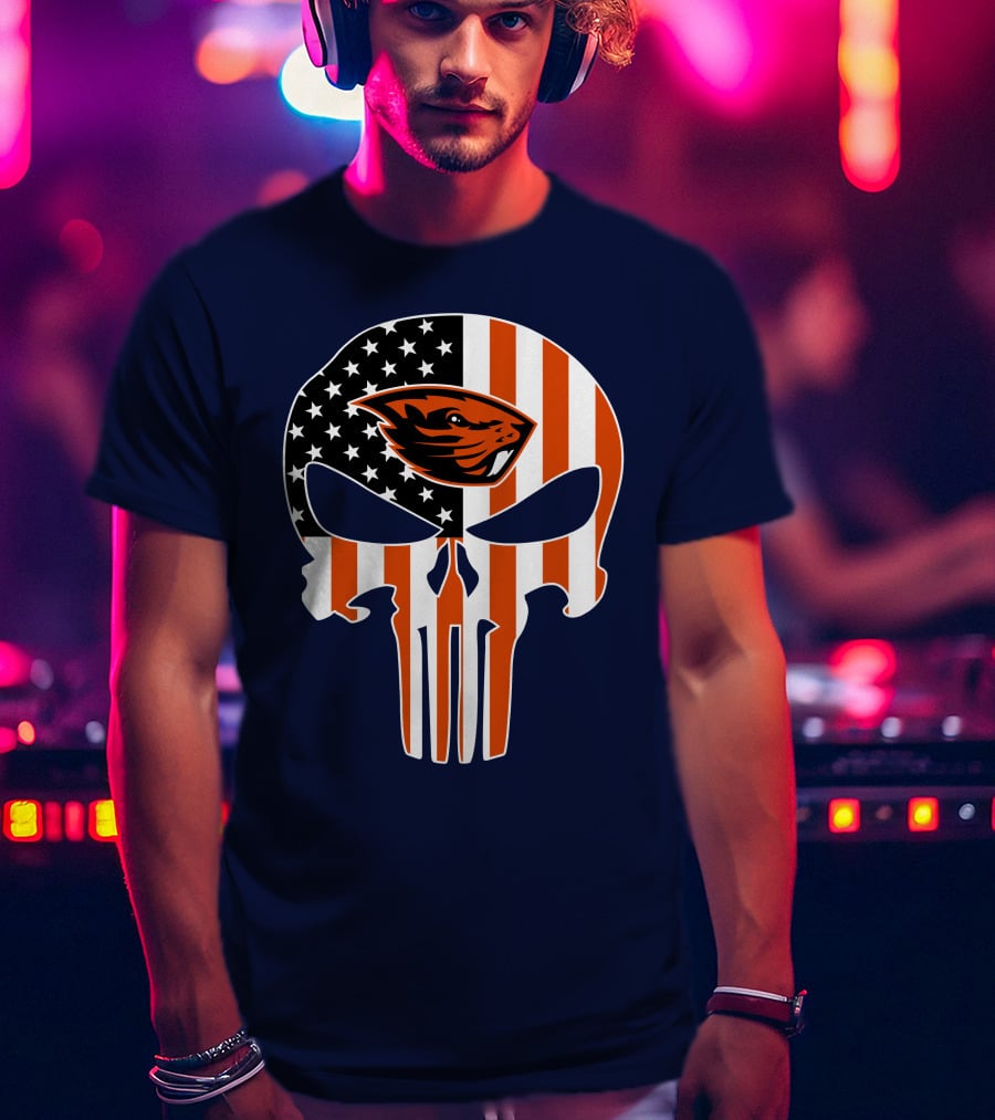 Oregon State Beavers American Flag Skull Logo Punisher 29 T-Shirt