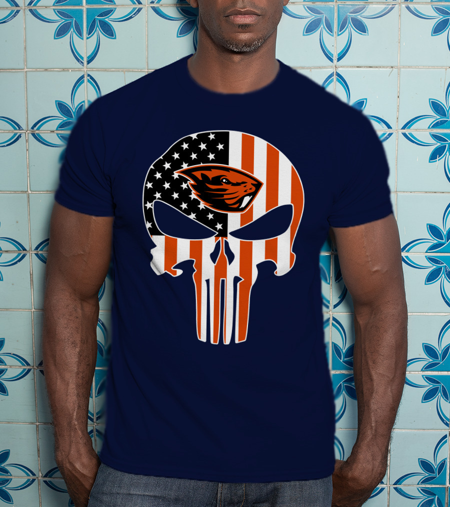 Oregon State Beavers American Flag Skull Logo Punisher 29 T-Shirt