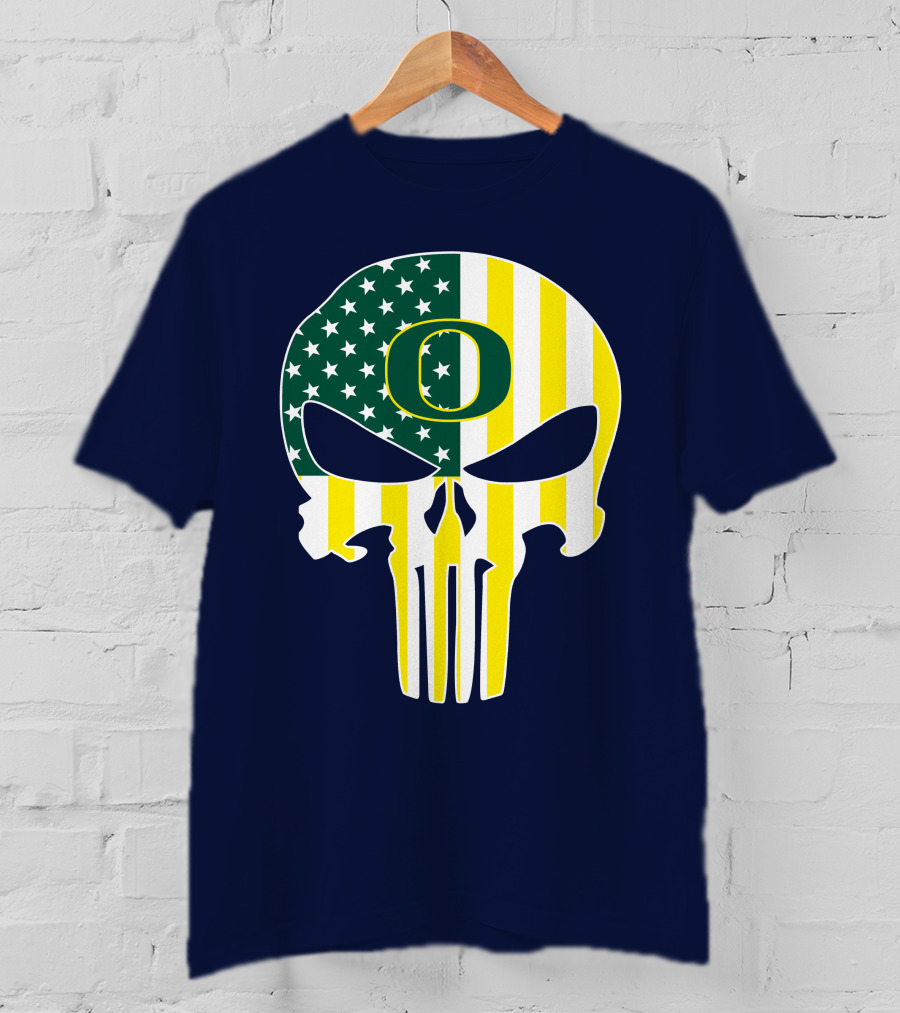 Oregon Ducks Punisher Skull American Flag T-Shirt