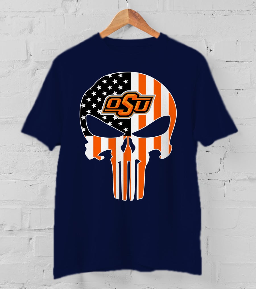 Oklahoma State Cowboys 32 Punisher Skull Osu American Flag T-Shirt