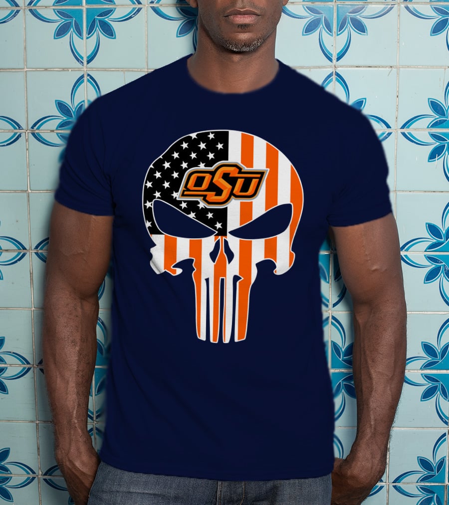 Oklahoma State Cowboys 32 Punisher Skull Osu American Flag T-Shirt