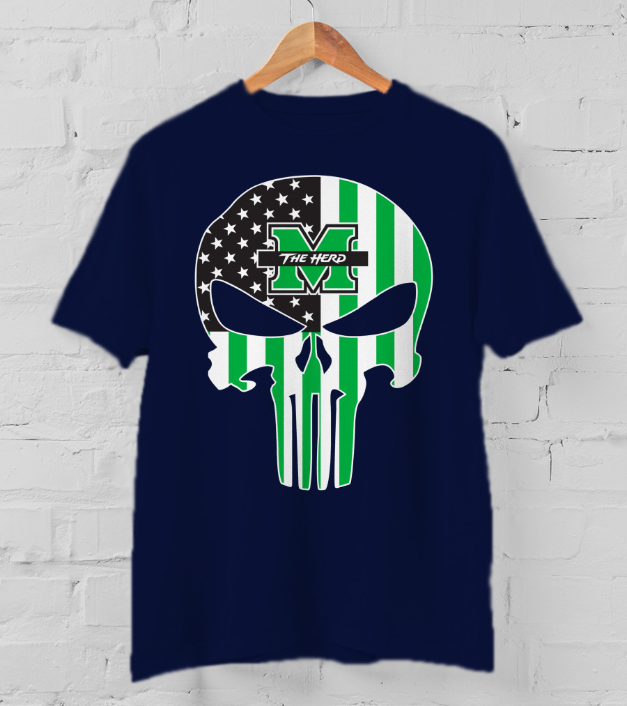 Marshall Thundering Herd The Punisher American Flag Skull T-Shirt